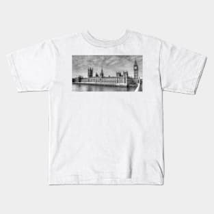 Tower Of Big Ben & Houses Of Parliament in Black & White Kids T-Shirt